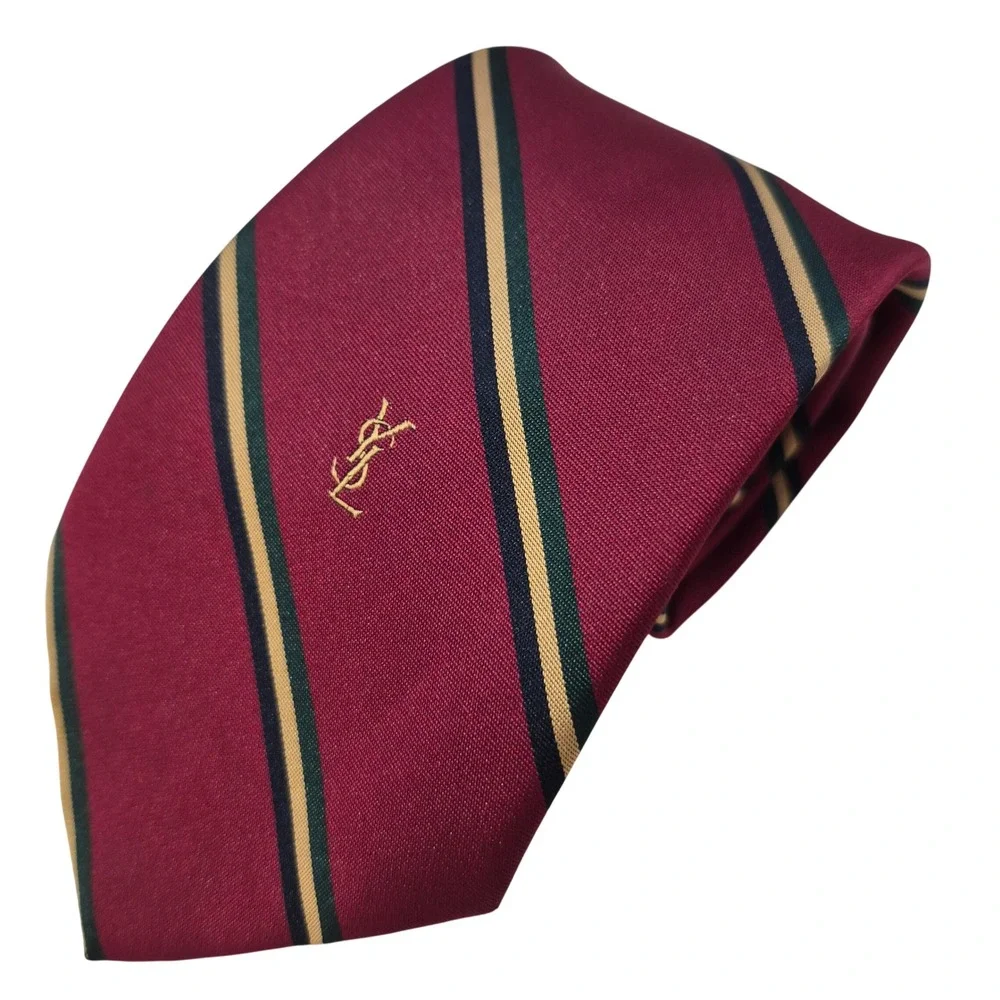 Yves Saint Laurent Necktie Mens Burgundy Silk Striped YSL Logo Vintage Business